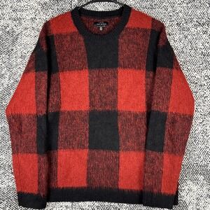Lucky Brand‎ Wool Blend Sweater Mens Medium Red Buffalo Checkered Soft Fuzzy